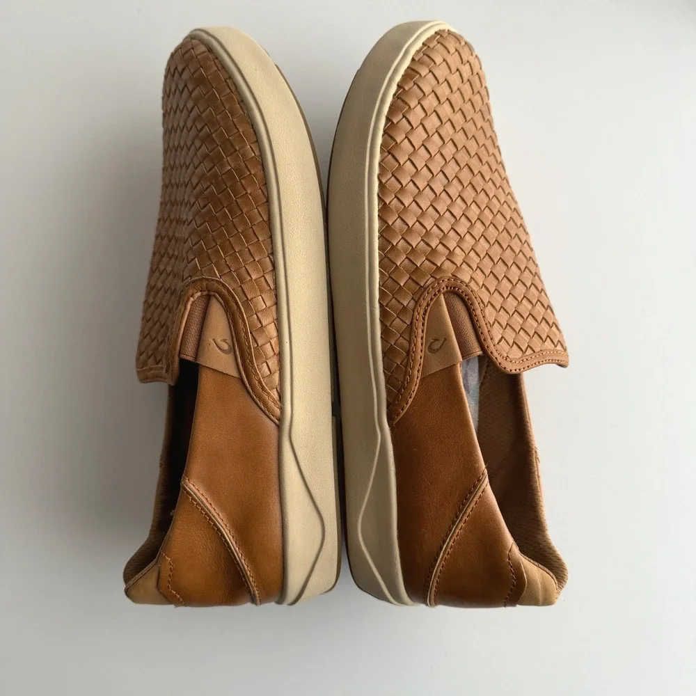Olukai EUC Lae'ahi Lauhala Woven Leather Slip On Fox Brown Sneaker Loafer 10 M